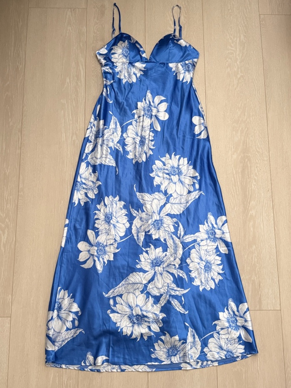 Thirty Thirty Blue Floral Padded Slip Maxi Dress with White Bloom Pattern
